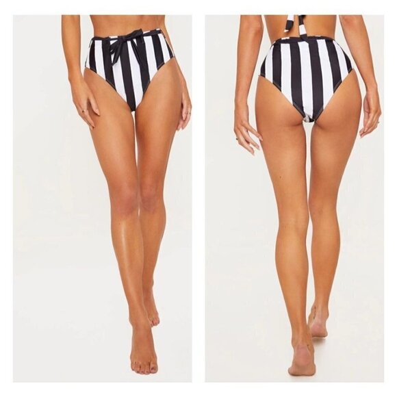 Pretty Little Thing Black & White Stripe Belted Waist Bikini Bottom US Sz12 - Picture 1 of 9